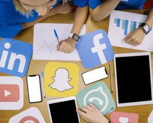 High angle view social media plan working workplaceSocial MediaRich Media